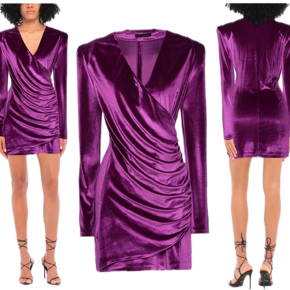 Alma Sanchez purple velvet Clarissa wrap draped long sleeve mini dress 44 NWT